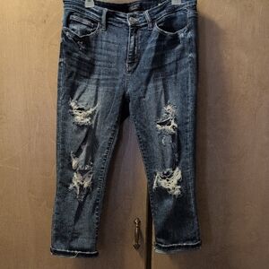 Judy Blue Distressed Ankle Jeans in Dark Blue